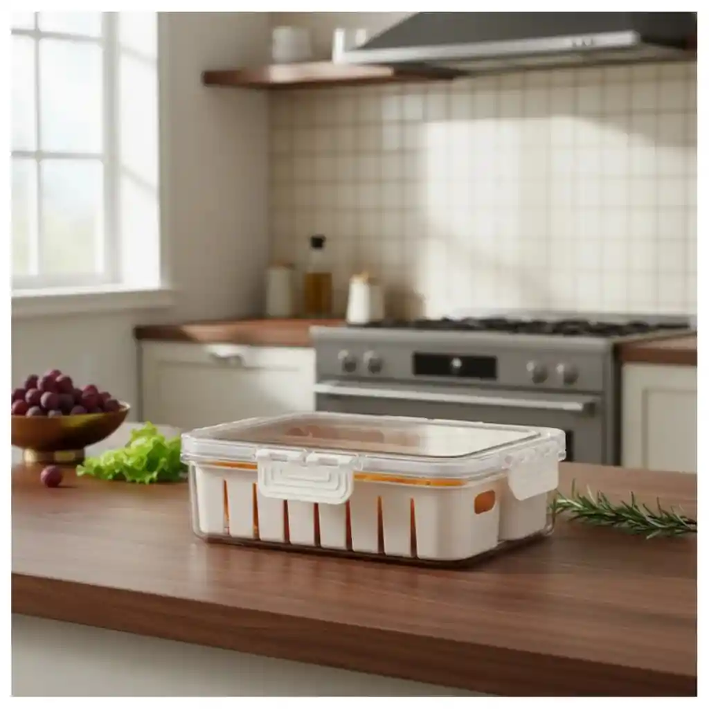 Contenedor Alimentos Nevera Organizador Con Compartimiento Doble Cierre Hermético Y Filtro Escurridor