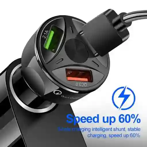 Cargador De Auto Carro 3 Puertos Usb Carga Rapida 55w Negro