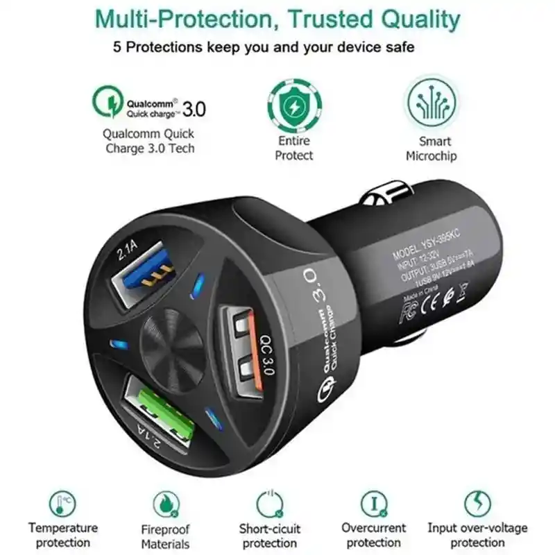 Cargador De Auto Carro 3 Puertos Usb Carga Rapida 55w Negro