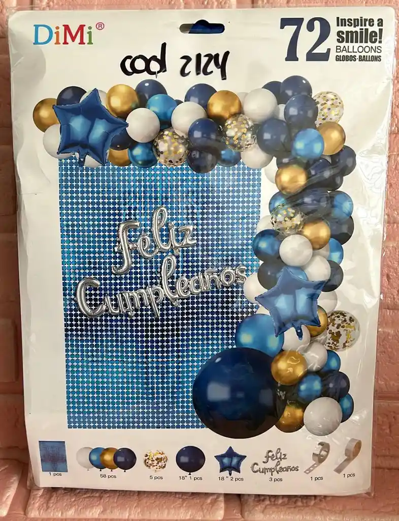 Bouquet Globos Kit Cumpleaños 72 Piezas Azul Oscuro/dorado/blanco