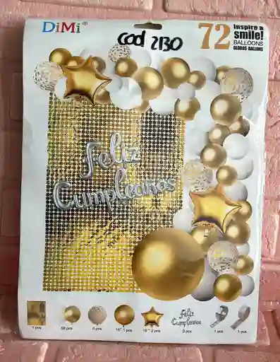 Bouquet Globos Kit Cumpleaños 72 Piezas Blanco/dorado