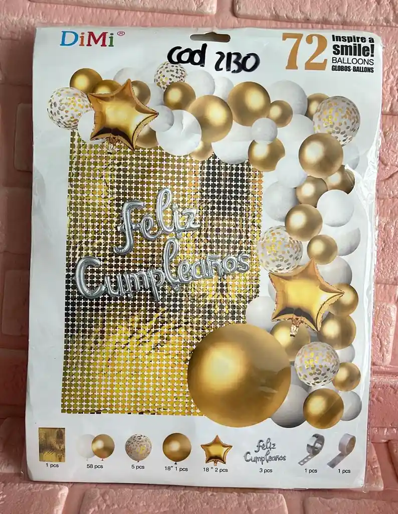 Bouquet Globos Kit Cumpleaños 72 Piezas Blanco/dorado