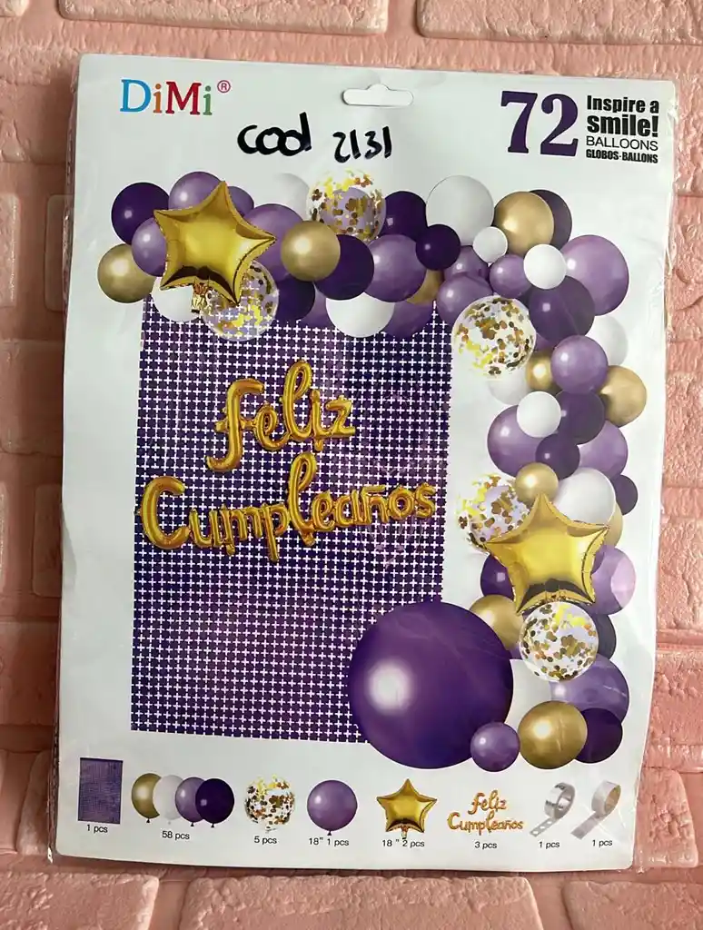 Bouquet Globos Kit Cumpleaños 72 Piezas Morado/lila/blanco/dorado