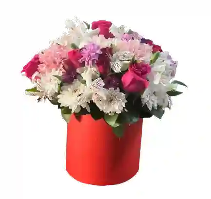 Caja Roja Con Rosas Y Flores Mixtas