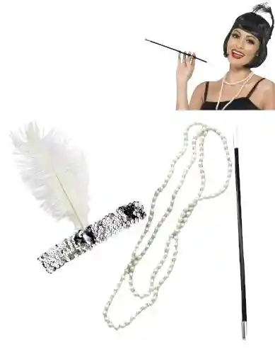 Set Balaca, Cigarrilo Y Collar Para Disfraz Gatsby / Flapper / Charleston Años 20 Halloween Carnaval Hora Loca