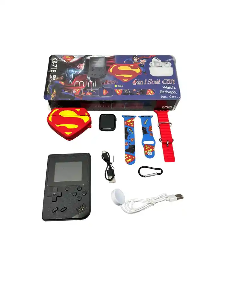 Combo Superman Smartwatch Inteligente Mas Audifonos Y Cp Juegos Con Estuche Y Doble Pulso