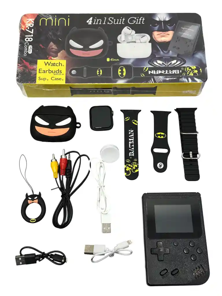 Combo Batman Smartwatch Inteligente Mas Audifonos Inalambricos Con Funda Y Cp De Juegos Retro