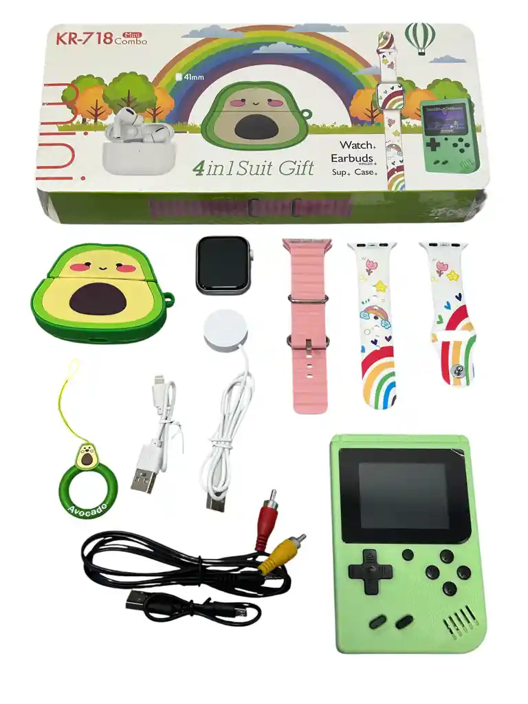 Combo Aguacate Smart Watch Inteligente Mas Audifonos Con Funda Y Cp Juegos Retro