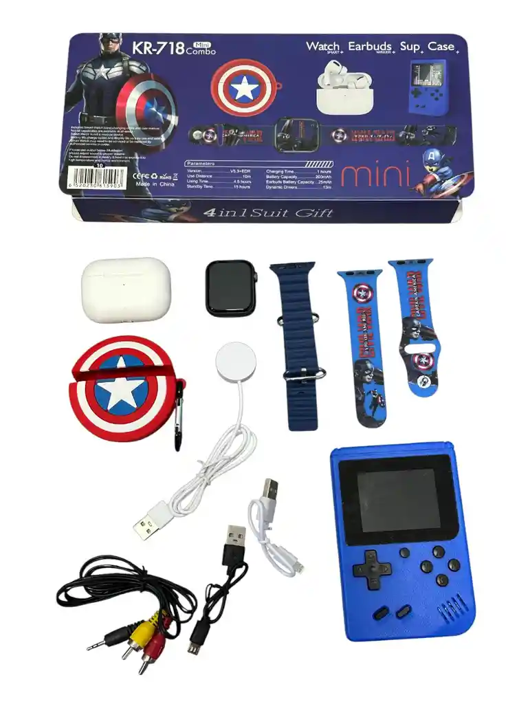 Combo Capitan American Smartwatch Inteligente Mas Audifonos Inalambricos Con Funda Y Cp Con Juegos Retro