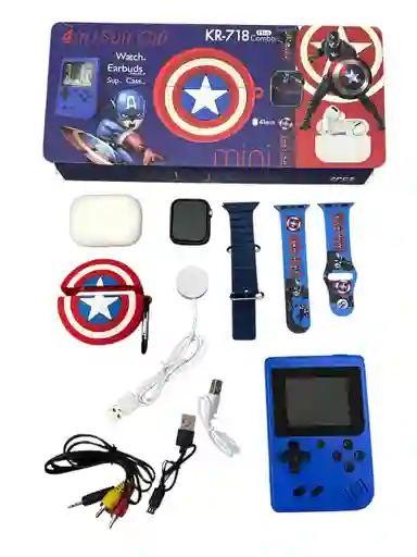 Combo Capitan American Smartwatch Inteligente Mas Audifonos Inalambricos Con Funda Y Cp Con Juegos Retro