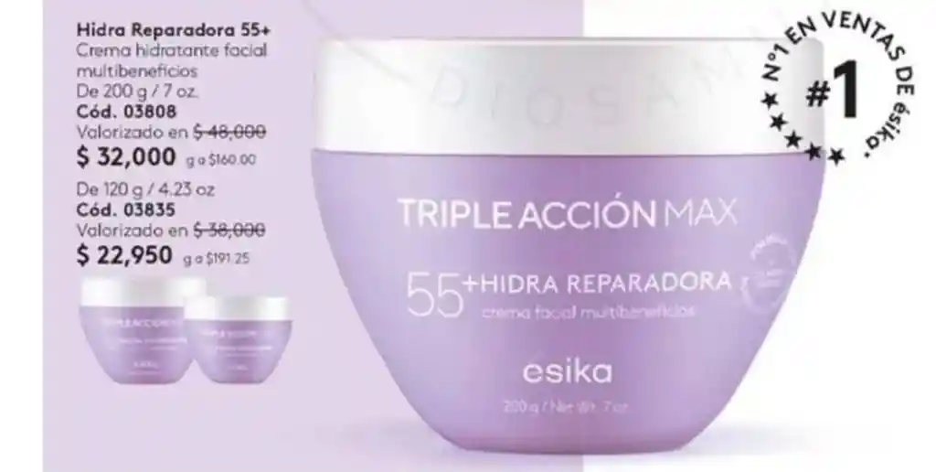 Ésika Crema Facial 55+hidra Reparadora Triple Acción Max 200ml.