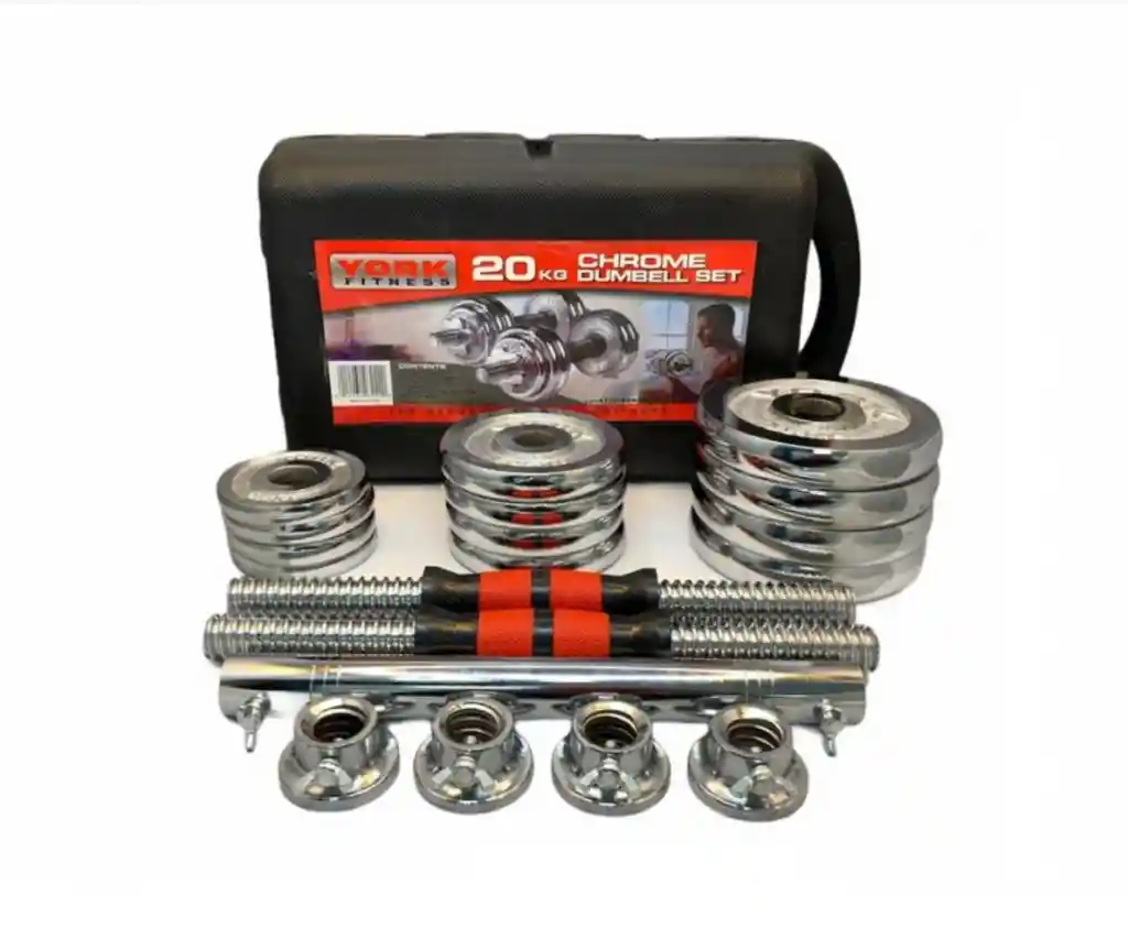 Kit De Mancuernas Pesas 20 Kg Discos Cromada + Barra Extension