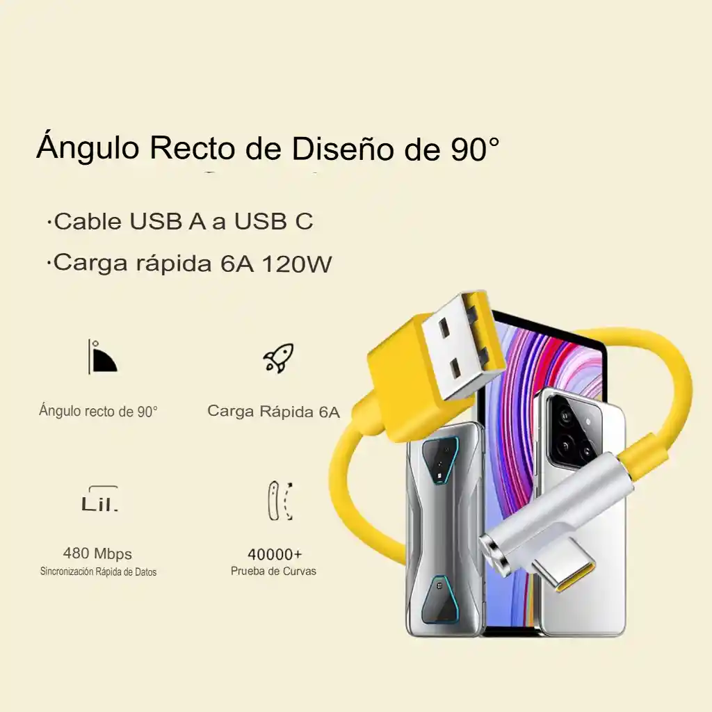 Cable De Carga Rapida Usb A Tipo C 90° De 120w Amarillo