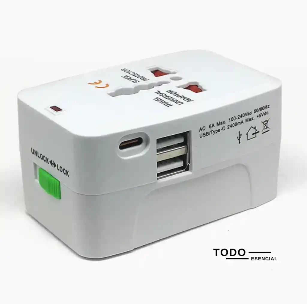 Adaptador Viajero Convertidor Universal Europeo Con 2 Puertos Usb + 1 Tipo C