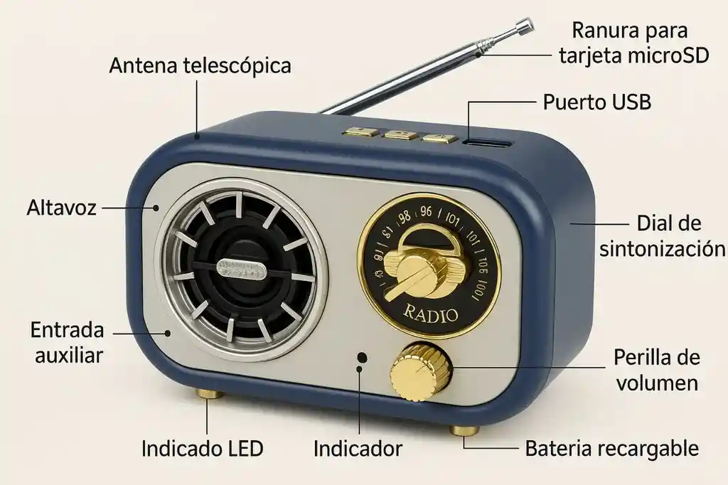 Radio Vintage Recargable Fm Parlante Aux Micro Sd Bluetooth Cmik Mk-143