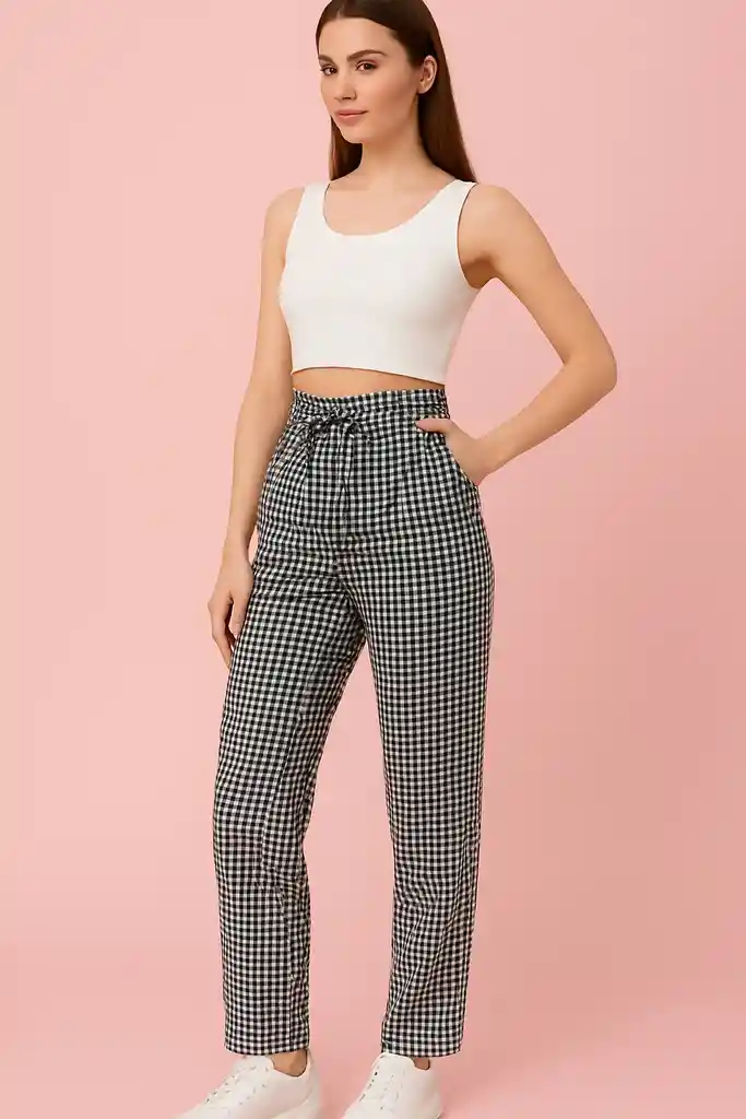 Pantalón Cintura Alta Cuadro Chic