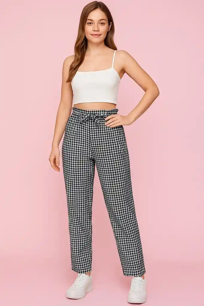 Pantalón Cintura Alta Cuadro Chic
