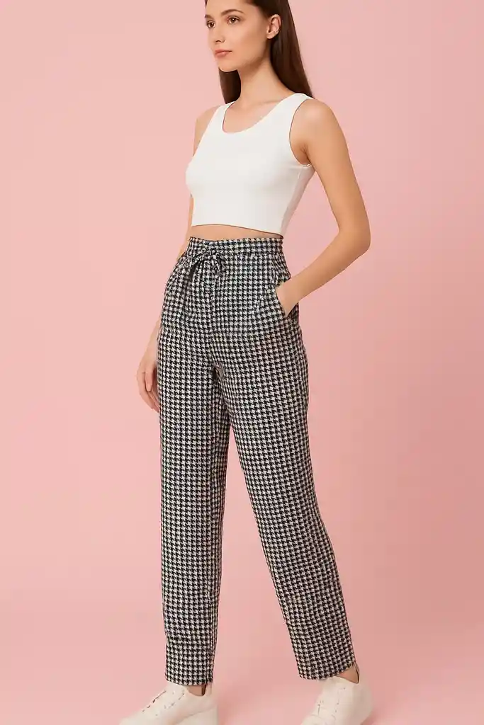 Pantalón Cintura Alta Cuadro Chic