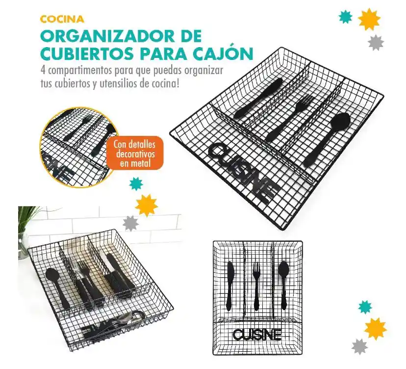 Cubiertero Organizador Cubiertos Cocina Metálico Negro 32x26cm