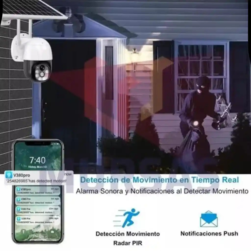 Cámara Panel Solar Ptz Full Hd Exterior Alarma Gira 360°