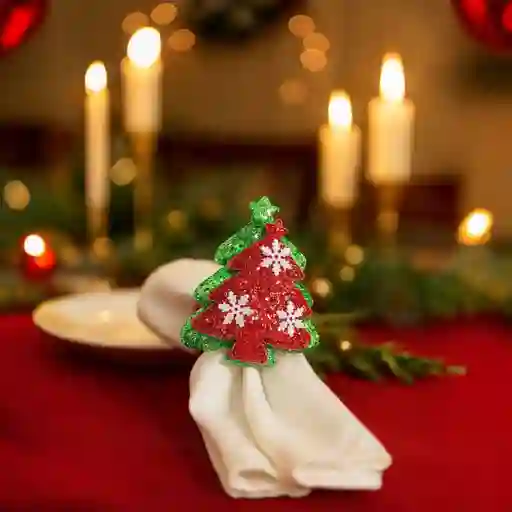 Accesorio Navideño 3 En 1: Pulsera, Servilletero Y Cortinero Diseño Árbol Rojo Brillante