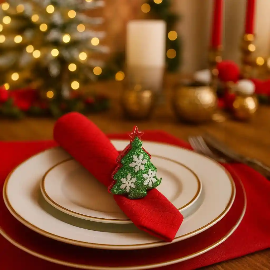 Accesorio Navideño 3 En 1: Pulsera, Servilletero Y Cortinero Diseño Árbol Verde Brillante