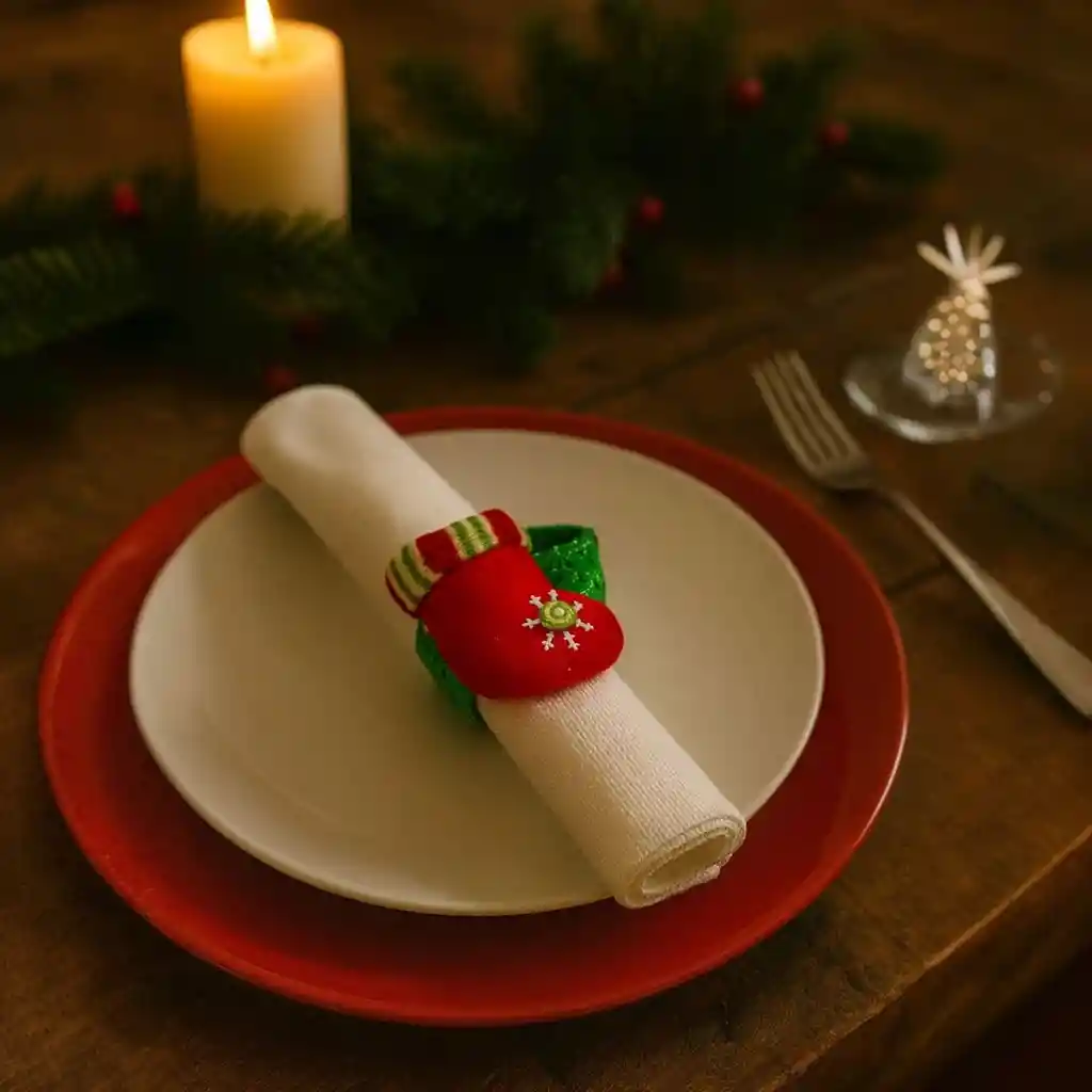 Accesorio Navideño 3 En 1: Pulsera, Servilletero Y Cortinero Diseño Bota Roja