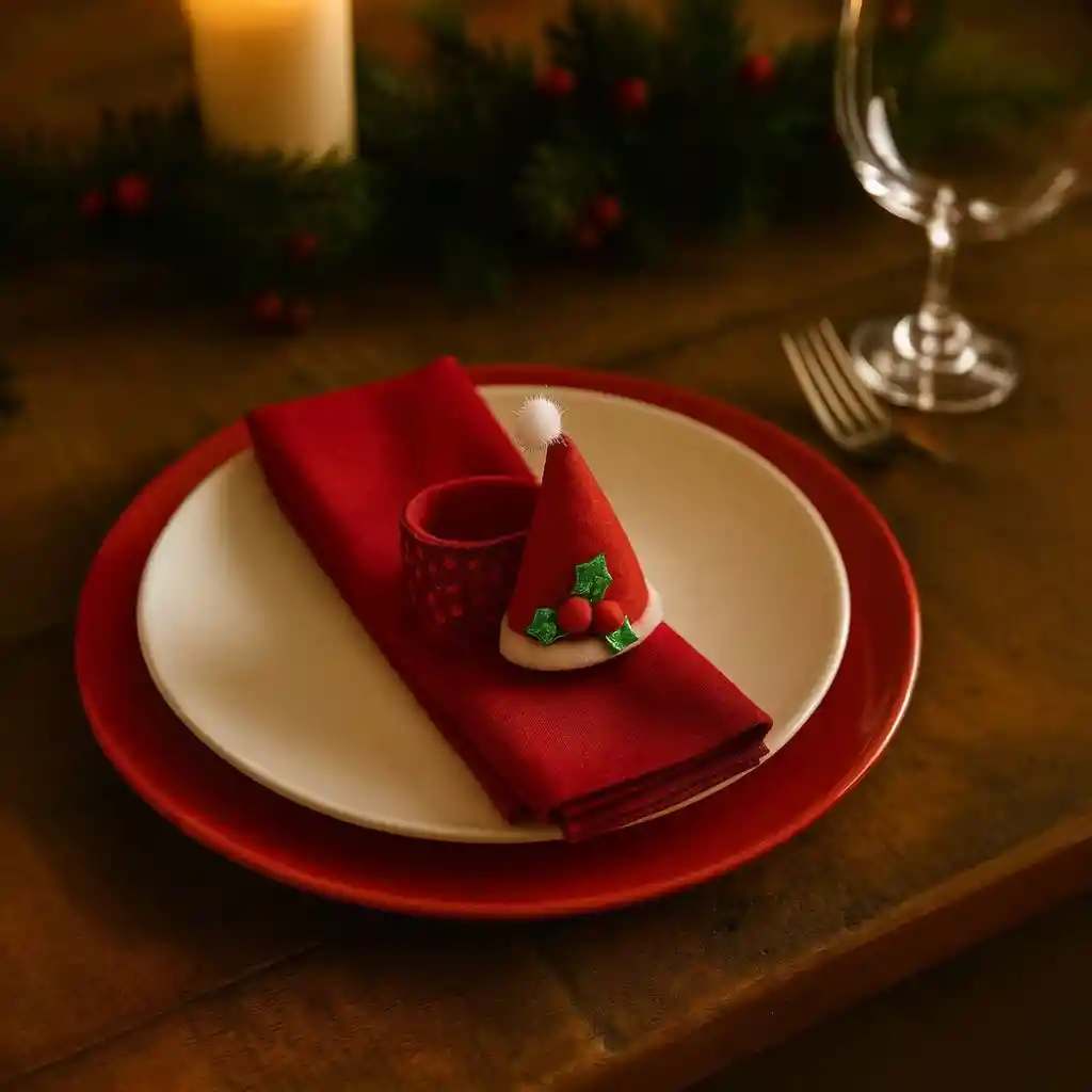 Accesorio Navideño 3 En 1: Pulsera, Servilletero Y Cortinero Diseño Gorro De Navidad