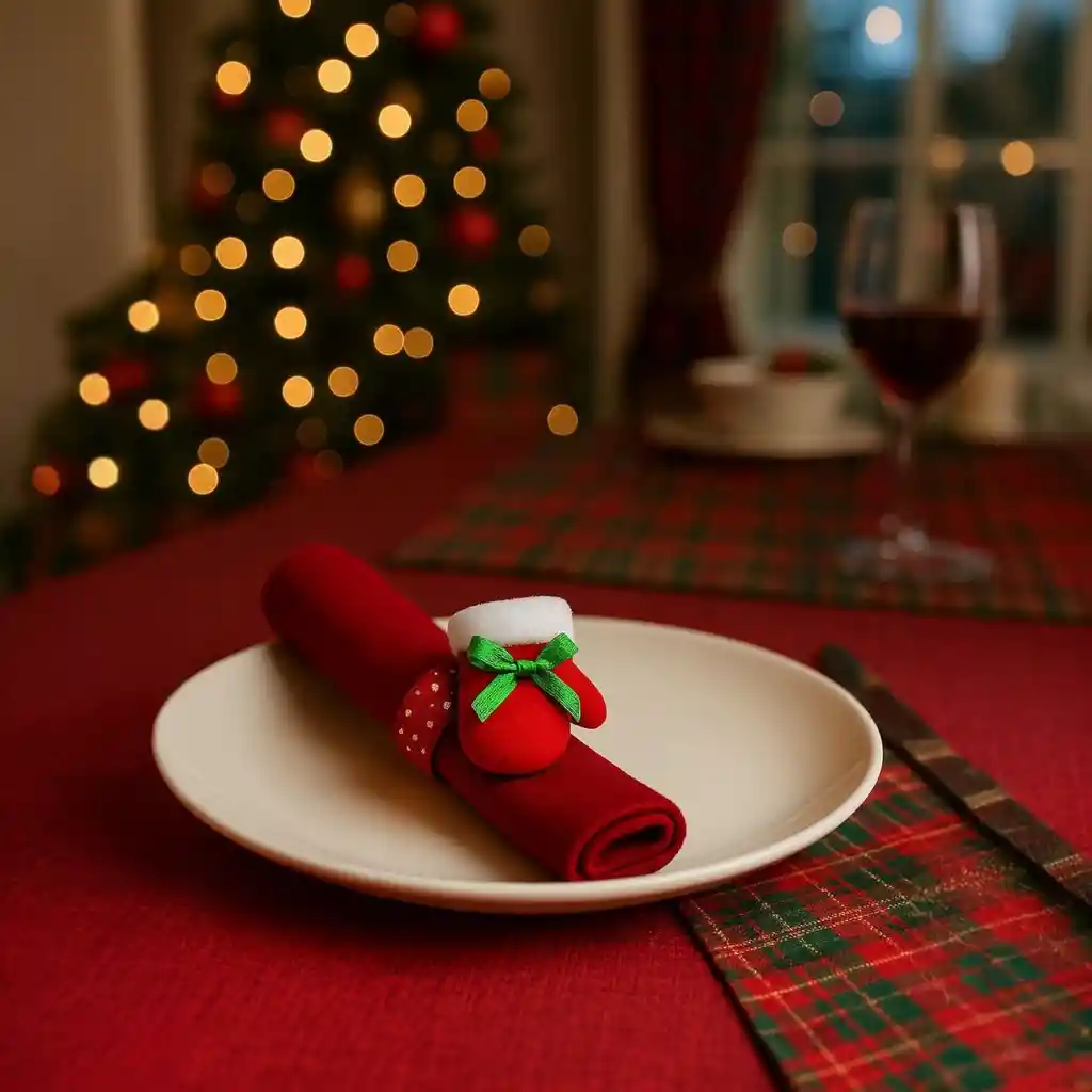 Accesorio Navideño 3 En 1: Pulsera, Servilletero Y Cortinero Diseño Guante Rojo