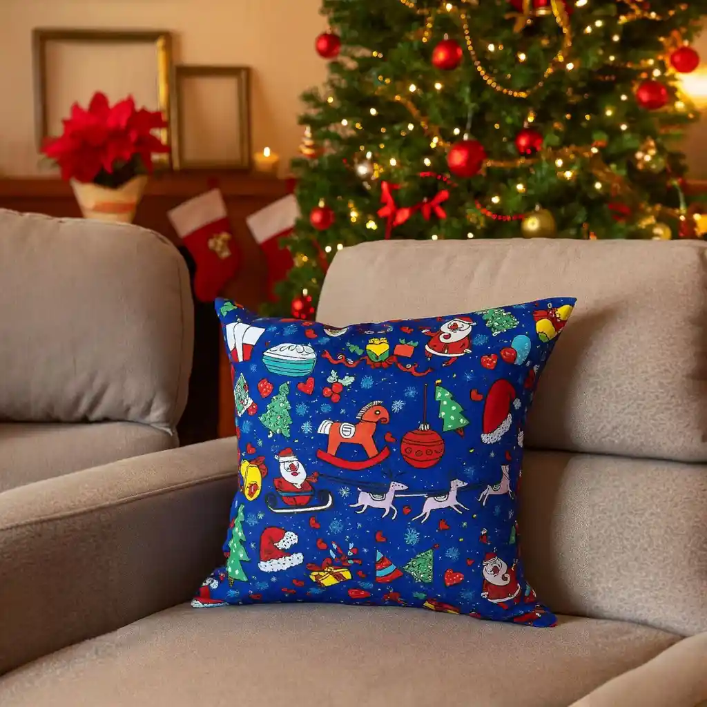 Cojín Grande Con Diseño Navideño Adornos Azul