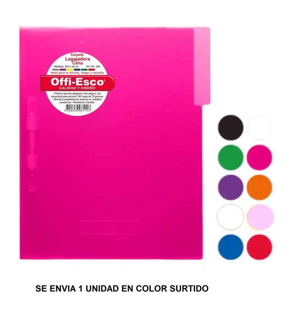 Carpeta Plástica Carta Con Gancho Legajador Colores Surtidos Oe-808