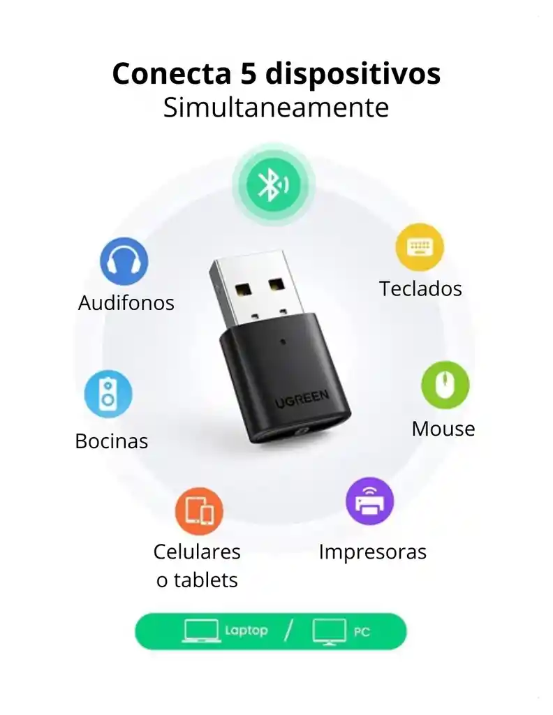 Adaptador Bluetooth 5.0 Ugreen Para Pc Hasta 5 Dispositivos (auriculares, Mouse, Teclado).