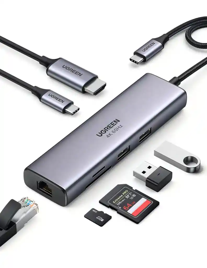 Hub Usb-c Ugreen 7 En 1 Hdmi 4k, Ethernet, 2x Usb, Sd/micro Sd