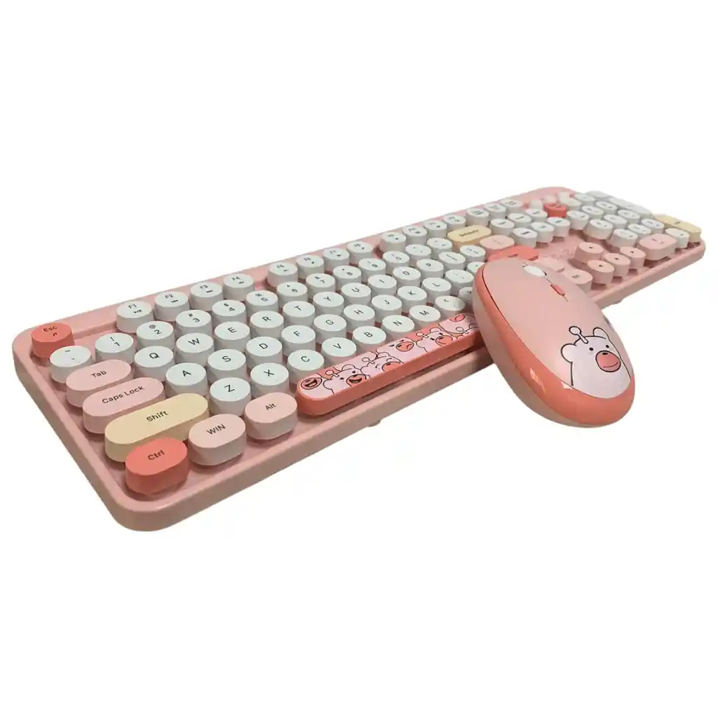 Combo Inalámbrico Teclado Y Mouse Silencioso Geezer Hello Bear Rosa