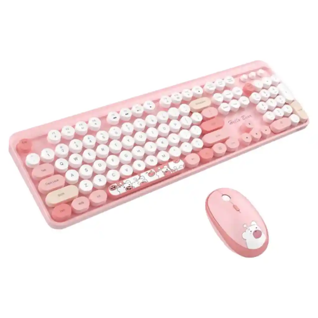 Combo Inalámbrico Teclado Y Mouse Silencioso Geezer Hello Bear Rosa