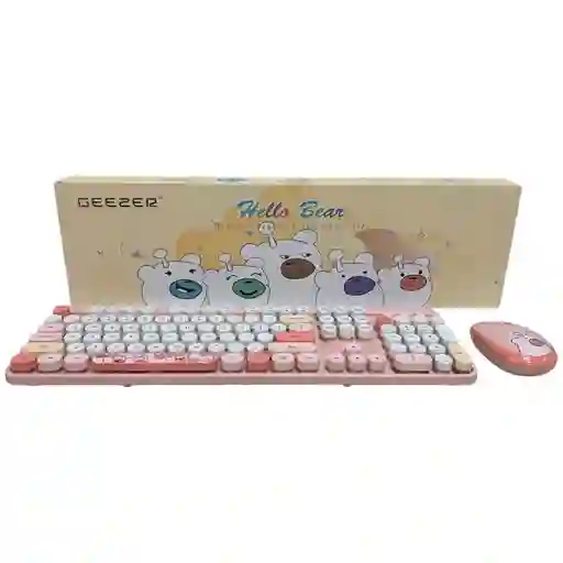 Combo Inalámbrico Teclado Y Mouse Silencioso Geezer Hello Bear Rosa