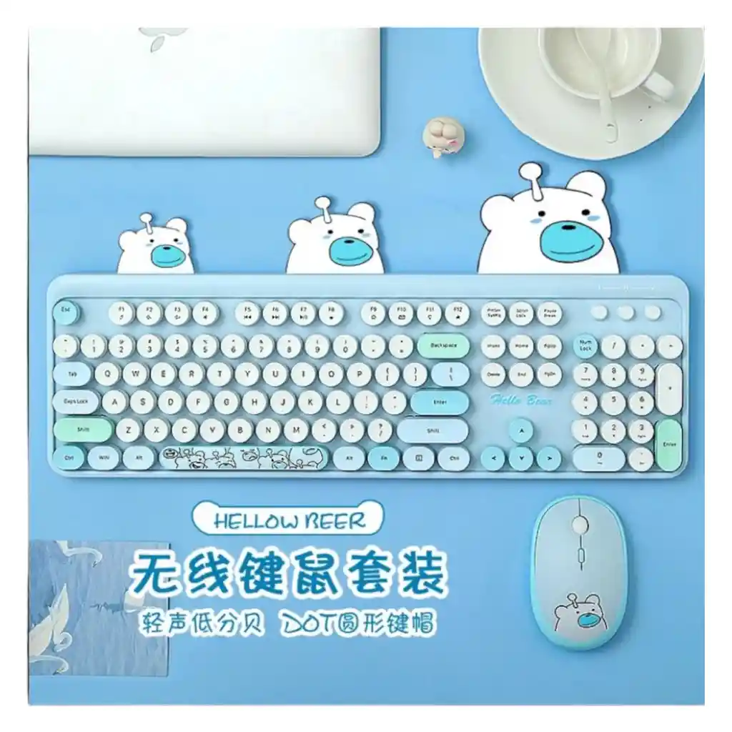 Combo Inalámbrico Teclado Y Mouse Silencioso Geezer Hello Bear Azul