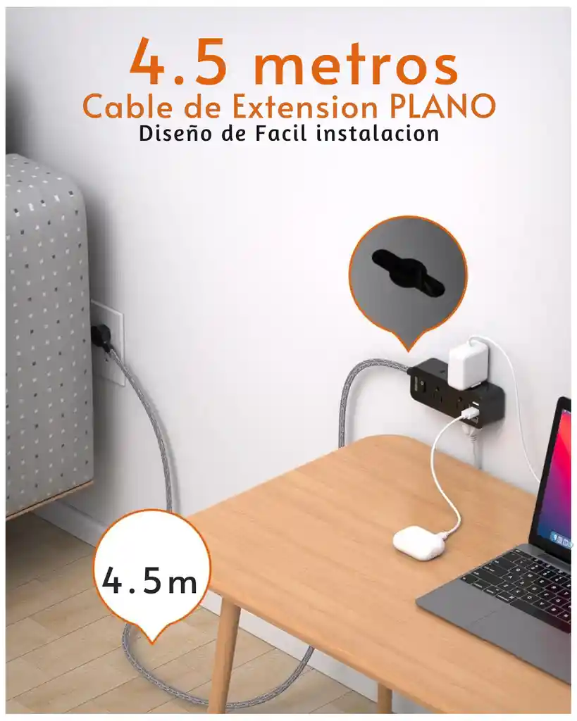 Multitoma Inteligente Extension Electrica Usb C Plano 4.5m