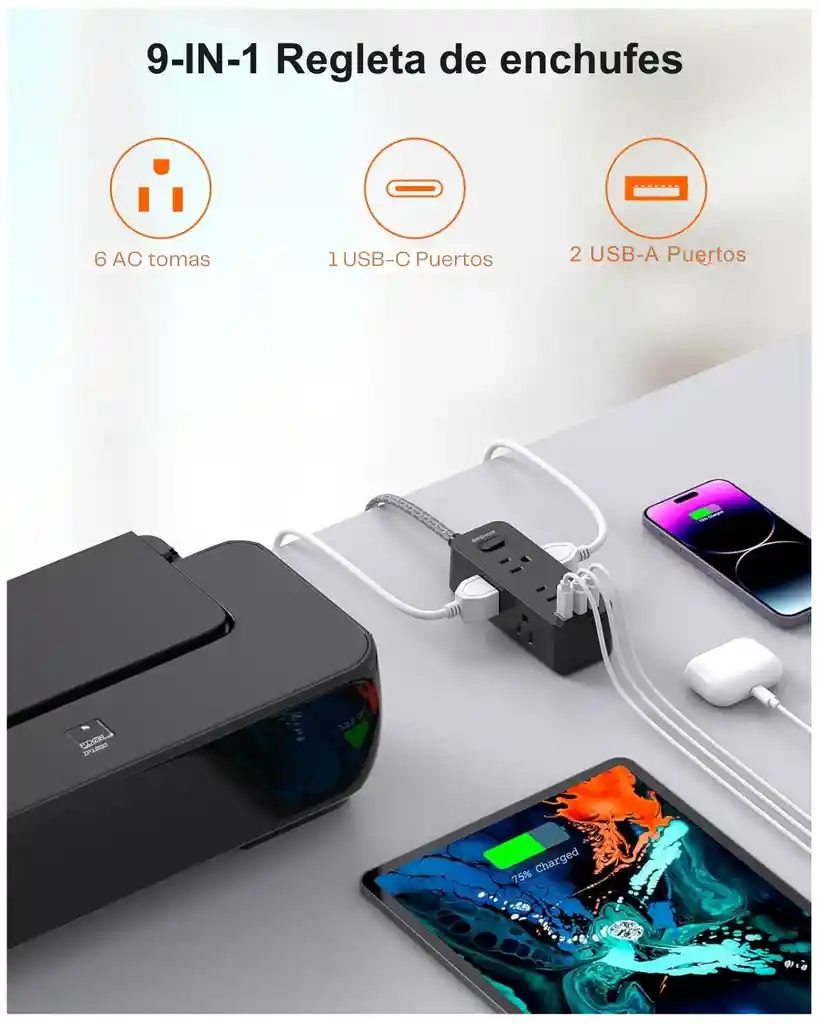 Multitoma Inteligente Extension Electrica Usb C Plano 4.5m