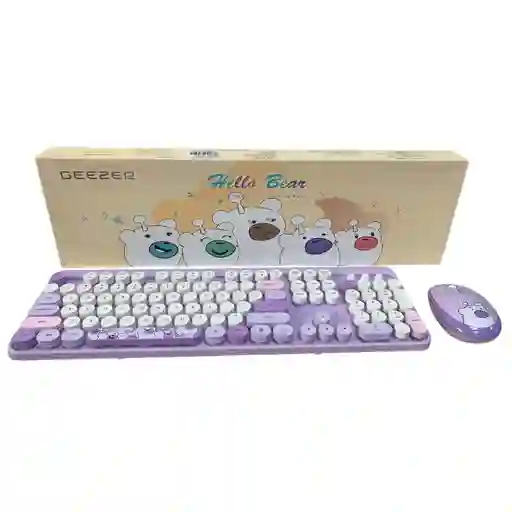 Combo Inalámbrico Teclado Y Mouse Silencioso Geezer Hello Bear Violeta
