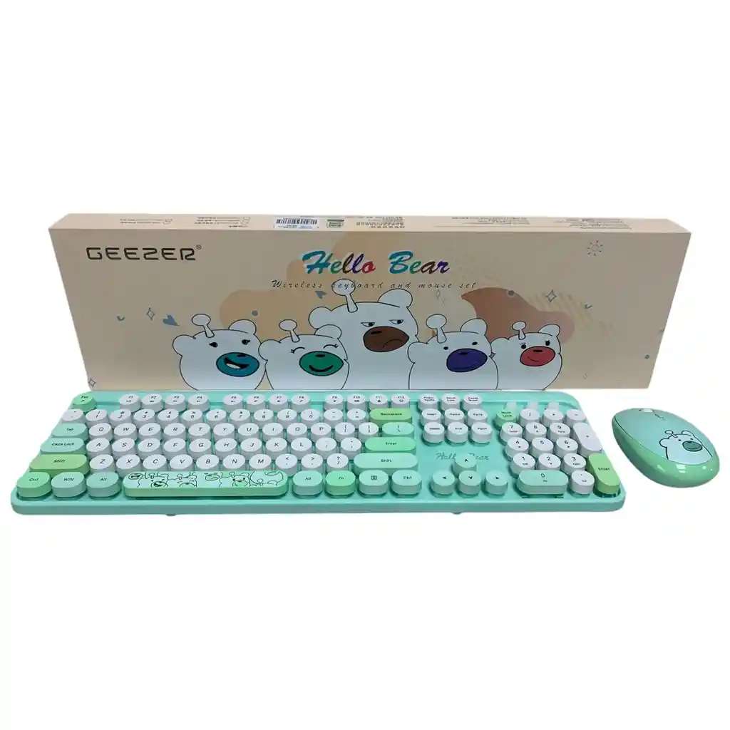 Combo Inalámbrico Teclado Y Mouse Silencioso Geezer Hello Bear Verde