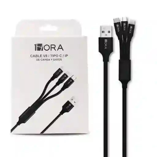 Cable 1hora Cab259 3 En 1 Tipo C V8 Y Lightning Negro