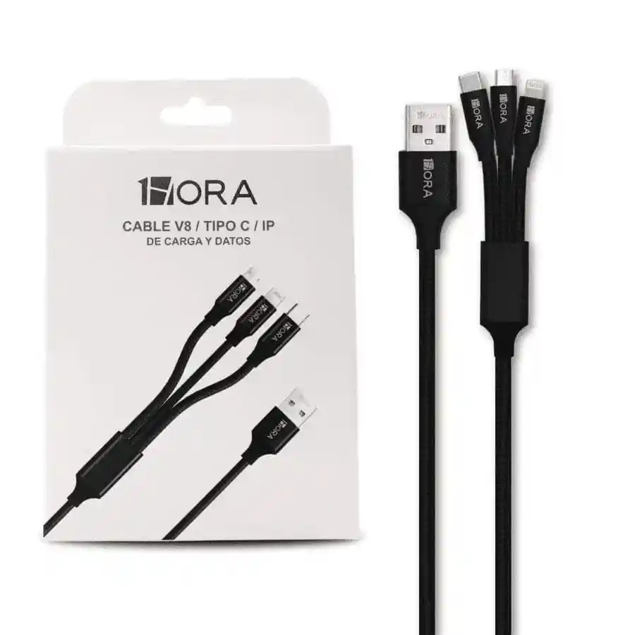 Cable 1hora Cab259 3 En 1 Tipo C V8 Y Lightning Negro
