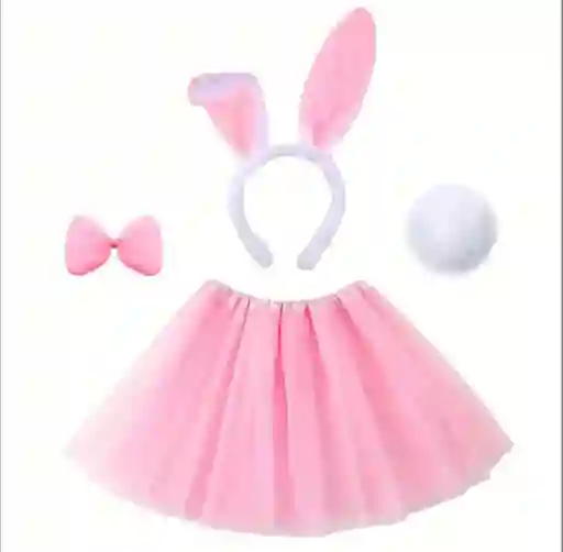 Disfraz De Coneja De 4 Piezas De Color Rosado Con Blanco Para Niña