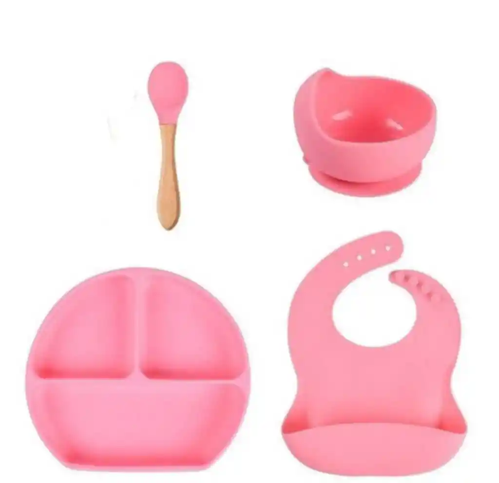 Set Platos Vajilla En Silicona Para Bebe Con Succión Babero