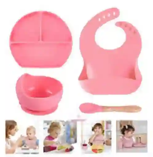 Set Platos Vajilla En Silicona Para Bebe Con Succión Babero