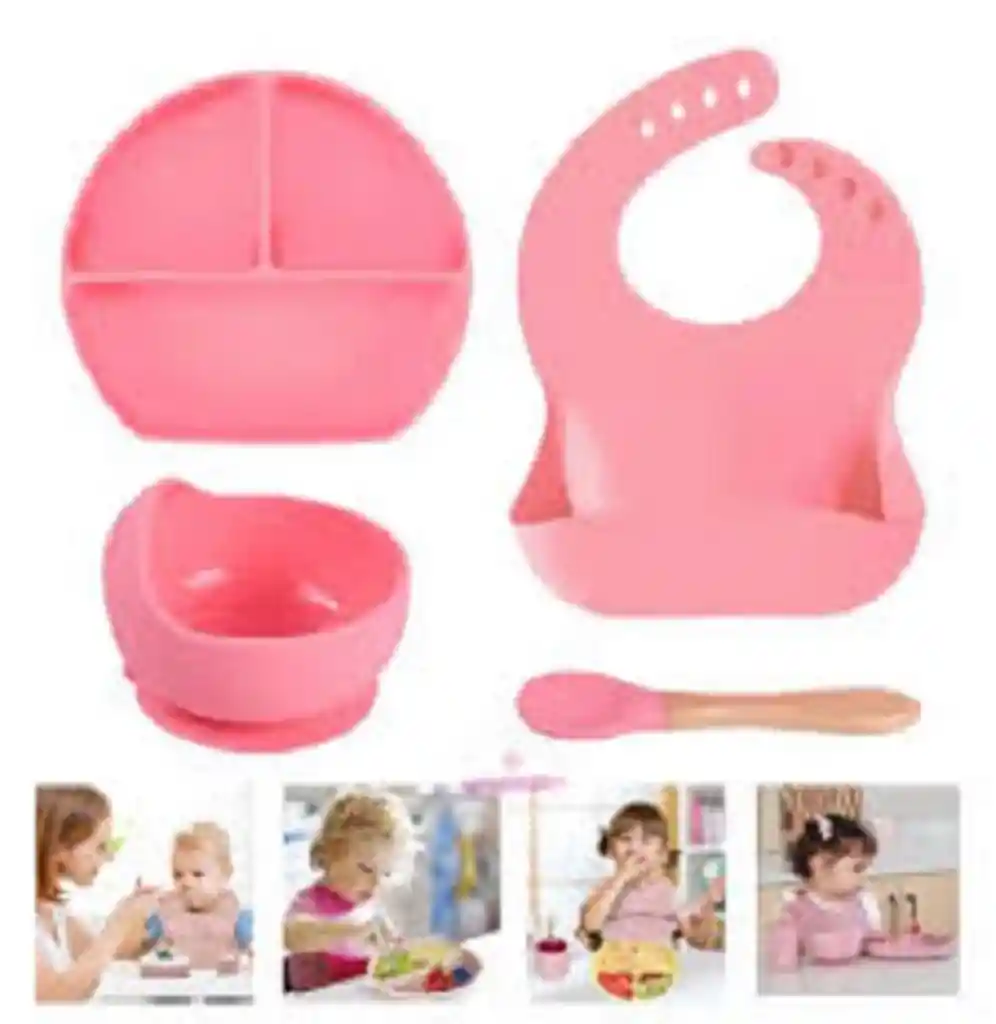 Set Platos Vajilla En Silicona Para Bebe Con Succión Babero