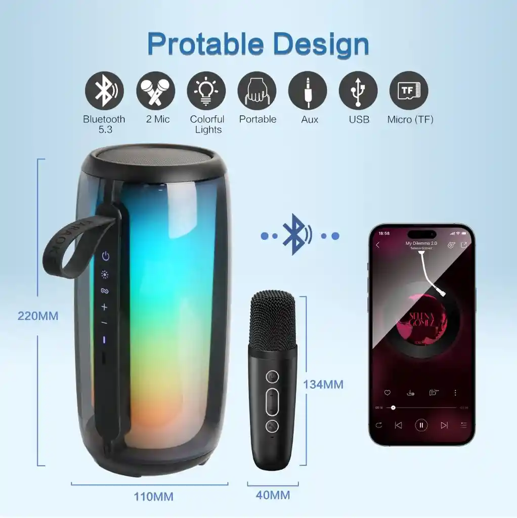Parlante Bluetooth Recargable Efectos Luz Rgb 360 Usb 10w Karaoke Microfono