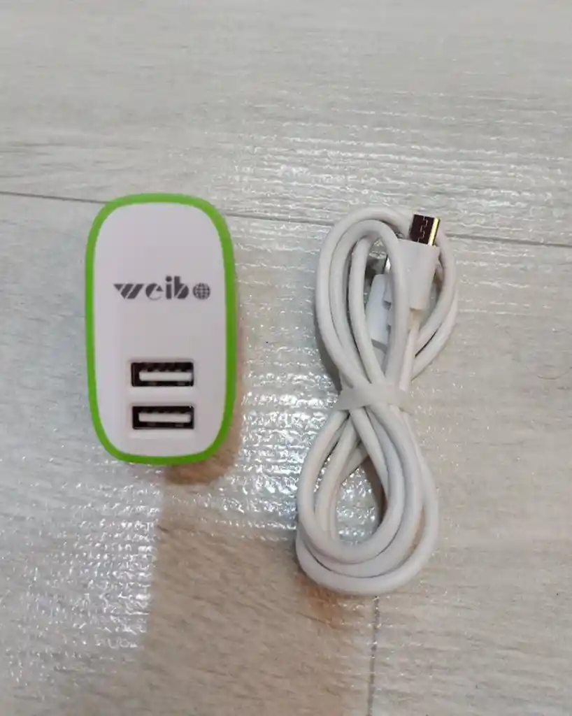 Cargador Completo Weibo Adaptador Con Doble Usb Y Cable V8 Blanco