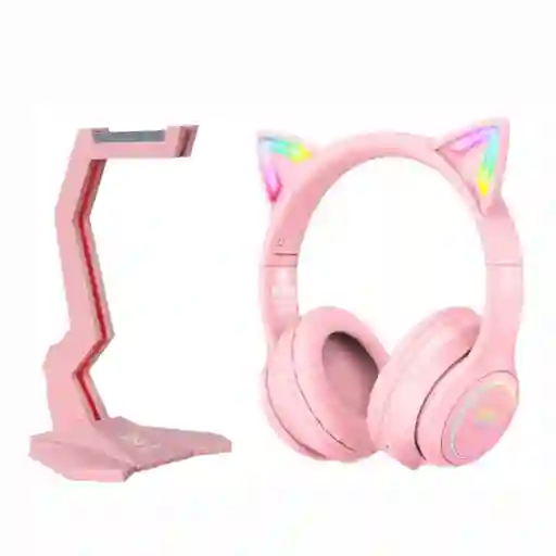 Audifonos Gamer B90 Gato Con Luz Led + Base Grande Rosa Onikuma